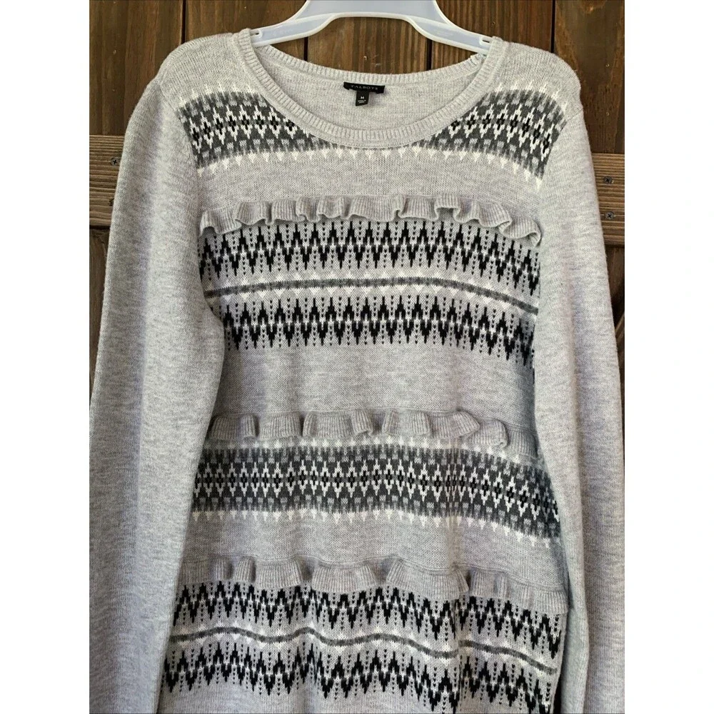 Talbots Gray Ruffle Sweater Womens M Fair Isle Winter Lambswool Wool Blend - Picture 2 of 8